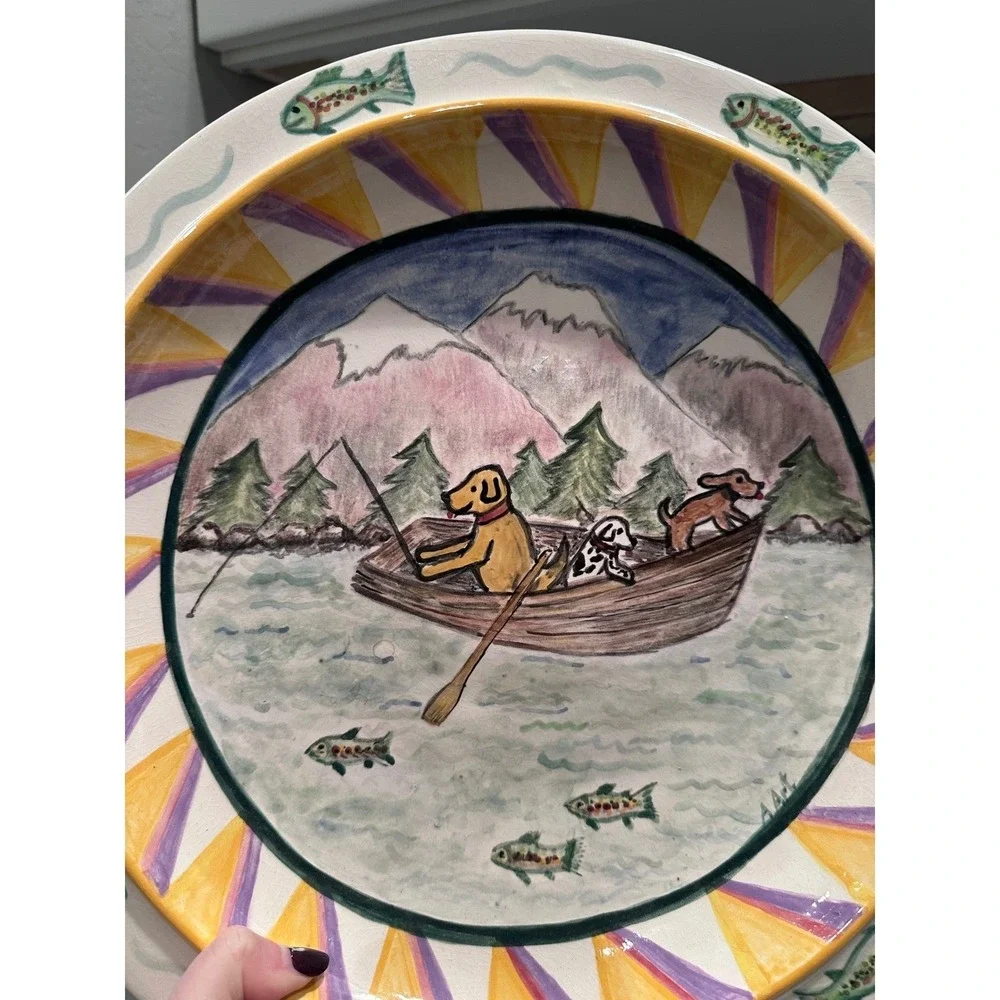 Hand Painted Fishing Dogs Decorative Ceramic Platter Trout‎ Cabin Western Plate